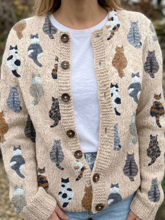 Charlotte™ | Cozy Cat Print Cardigan
