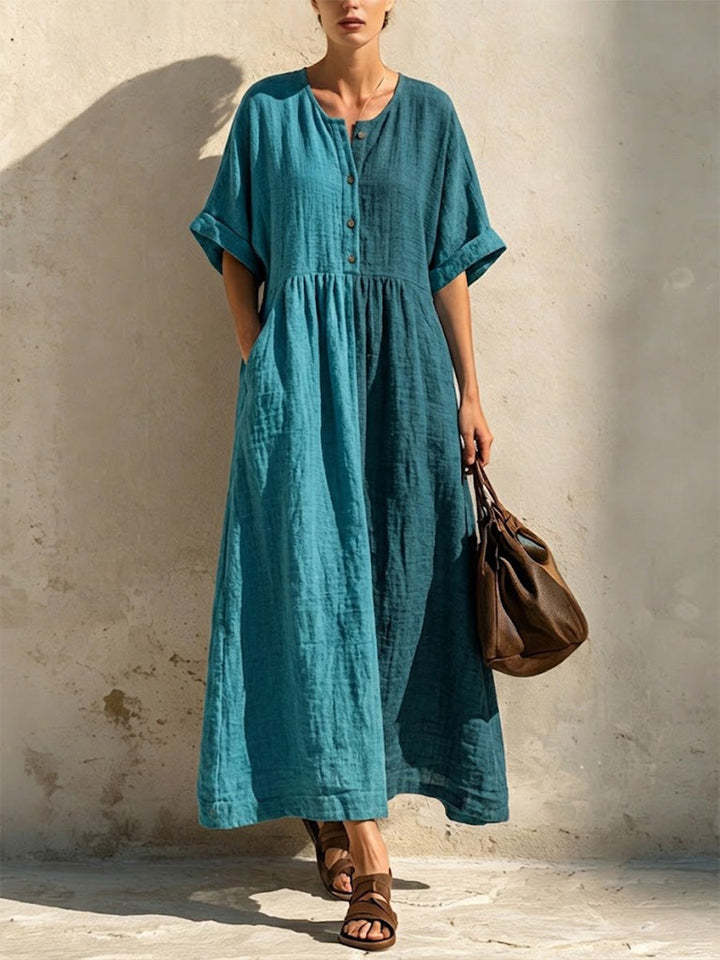 Valentina™ | Round Neck Notch Placket Gathered Rolled Cuff Swing Maxi Dress